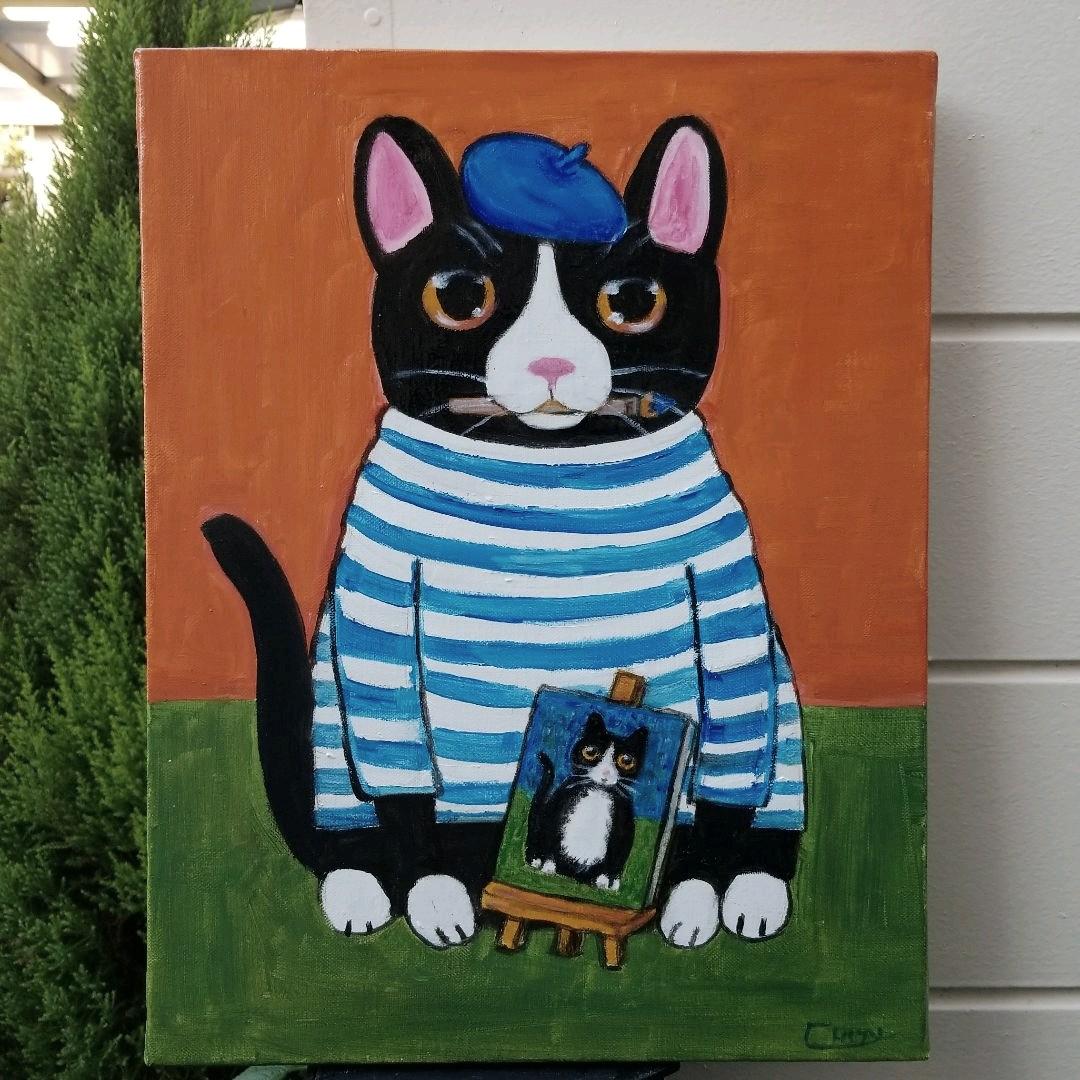 油絵 　専用　バスクシャツを着て自画像を描く猫