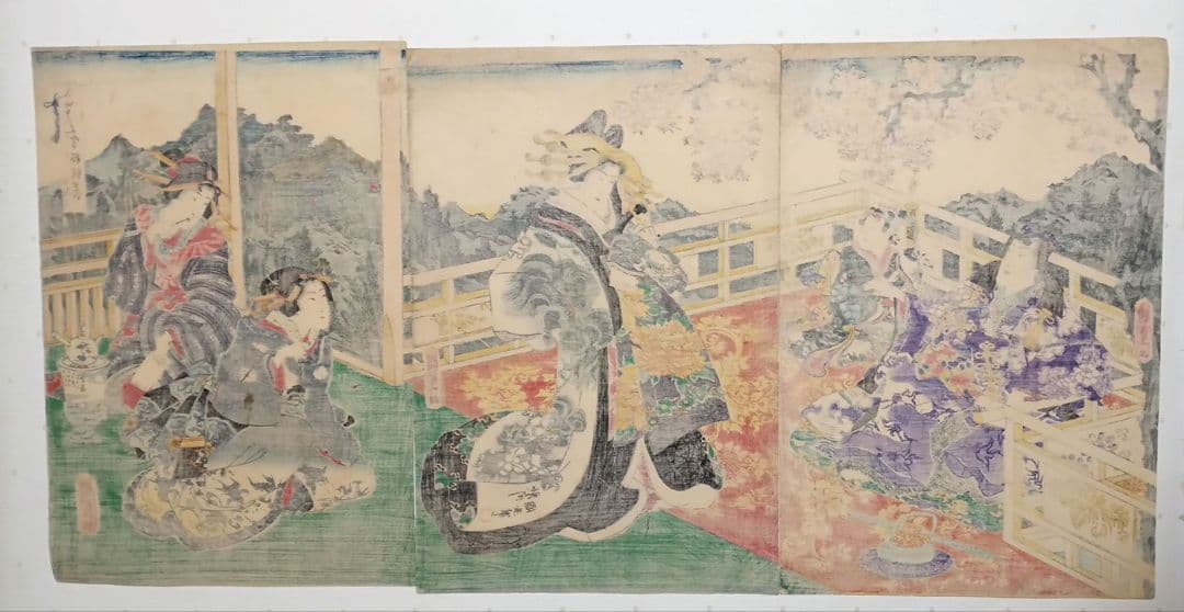 浮世絵版画、げんじ今様絵巻三枚綴り 二代国貞と国玉の合筆安政5年（1858)出版