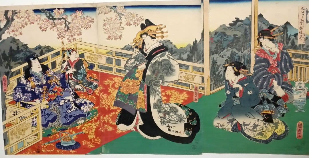 浮世絵版画、げんじ今様絵巻三枚綴り 二代国貞と国玉の合筆安政5年（1858)出版