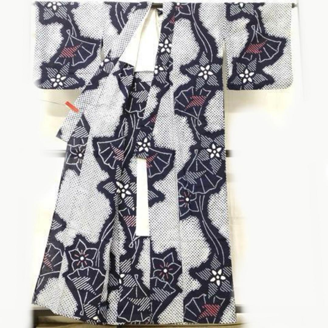 有松絞り　浴衣　紺　扇子　花　有松鳴海絞り　三浦絞り　美品
