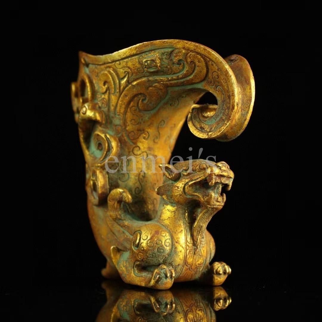旧蔵 純銅製 鎏金 獣形 酒杯 古銅器 お酒用グラス・純手作り・案頭・酒具・置物