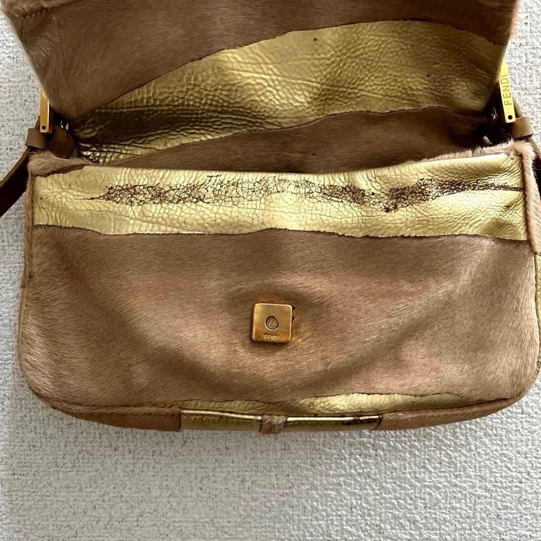 希少✨ FENDI フェンディ バゲット ハンドバッグ ハラコ×ゴールドレザー