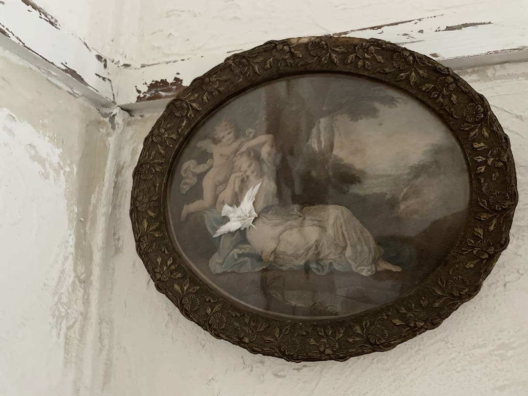 フランスアンティーク　オーバル　絵画　フレーム　額装　天使　エンジェル　森