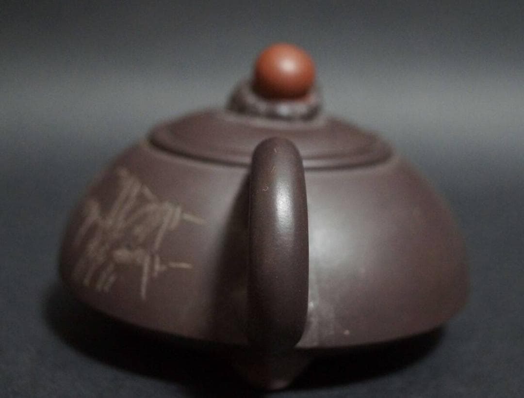 顧鵬程造 双龍如意紫砂壺 細工彫り『竹林漢詩文』 原鉱泥手造り急須 朱泥茶器