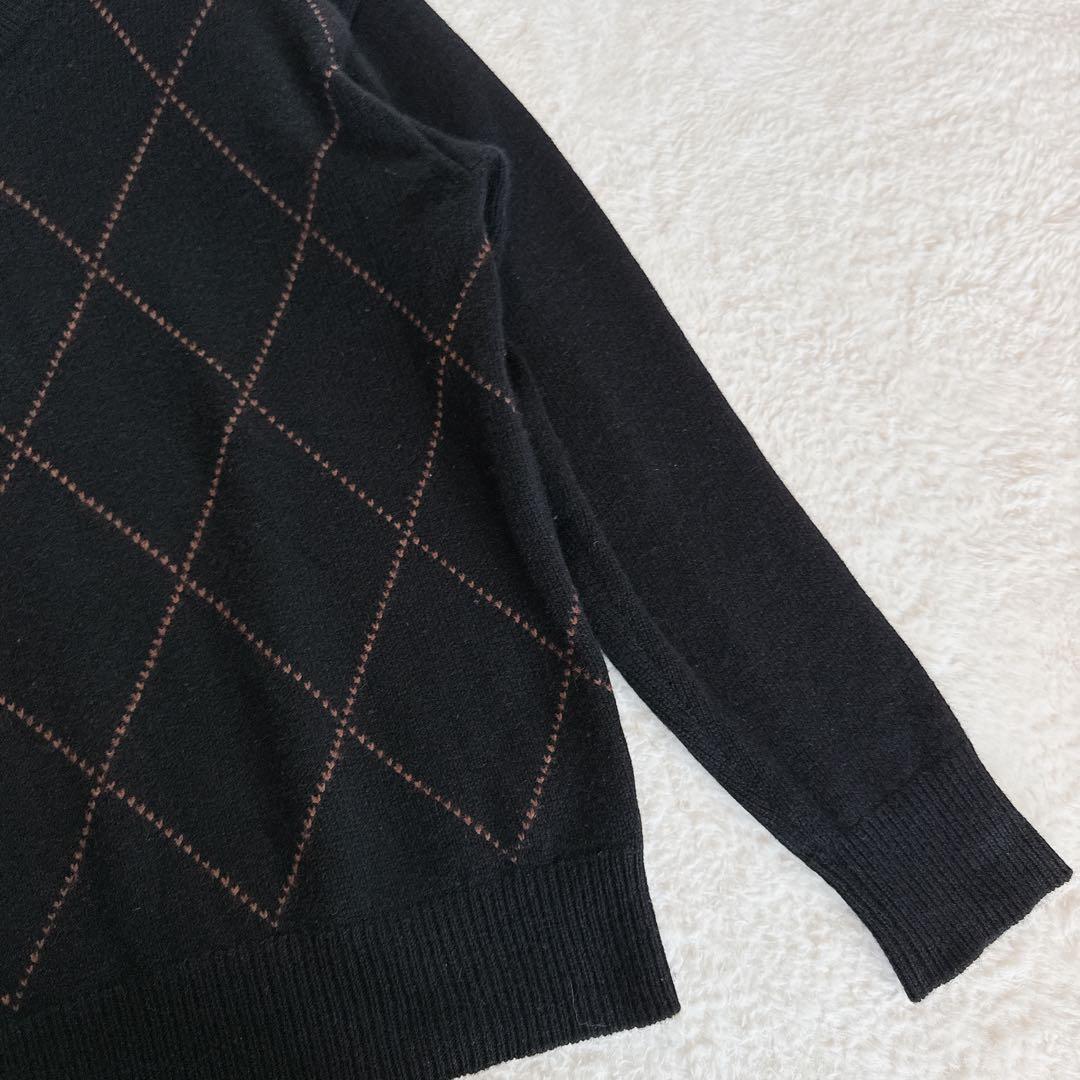 【マーガレットハウエル】アーガイル柄Vネックニット ウールカシミヤシルク 黒L