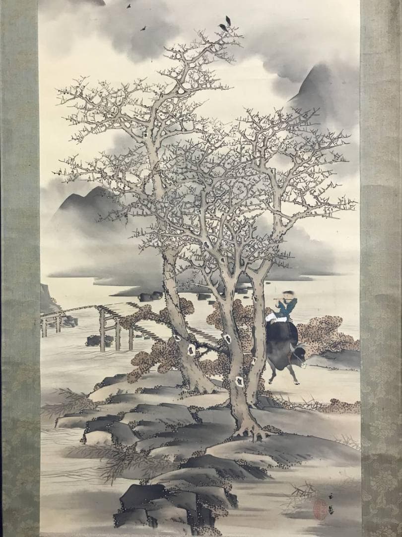 【真作】前田玉華/月下遊牧図/山水図/牧童図/牛人物図/掛軸☆宝船☆AD-538