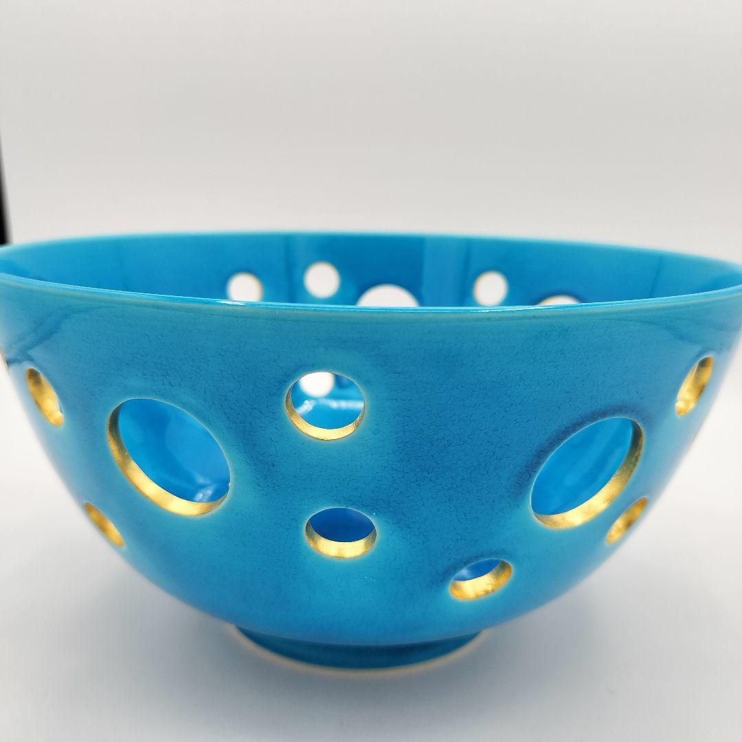 756 菓子鉢　浅黄交趾　水玉透　中村翠嵐　茶道具　茶道