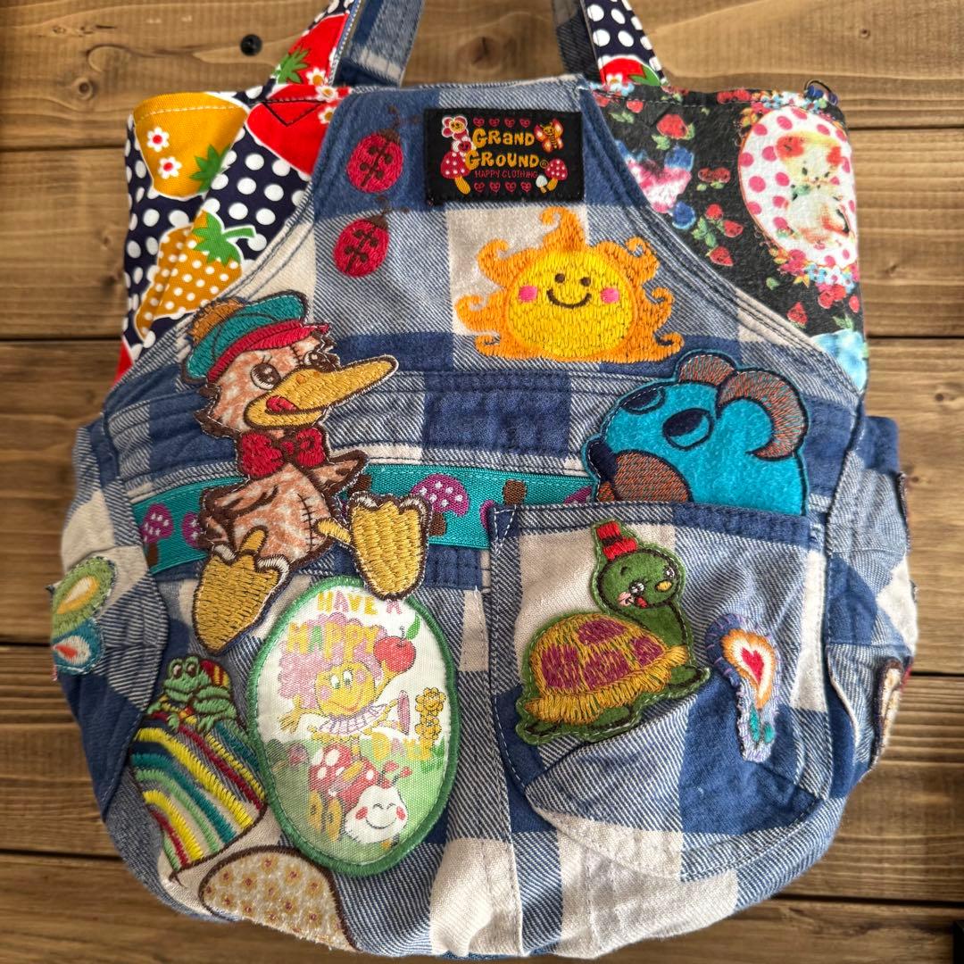 ハンドメイド デニムリメイク バッグ サロペット レトロアニマル 楕円底 32
