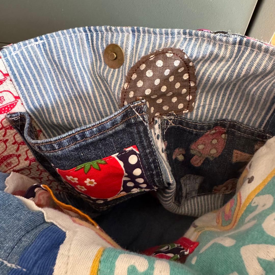 ハンドメイド デニムリメイク バッグ サロペット レトロアニマル 楕円底 32
