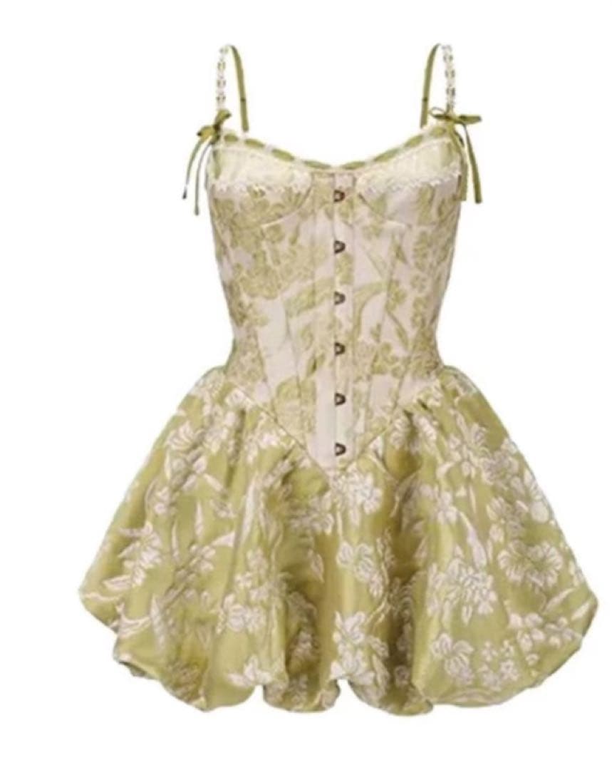 「梨と菊」コルセットドレス グリーン S LACEMADE