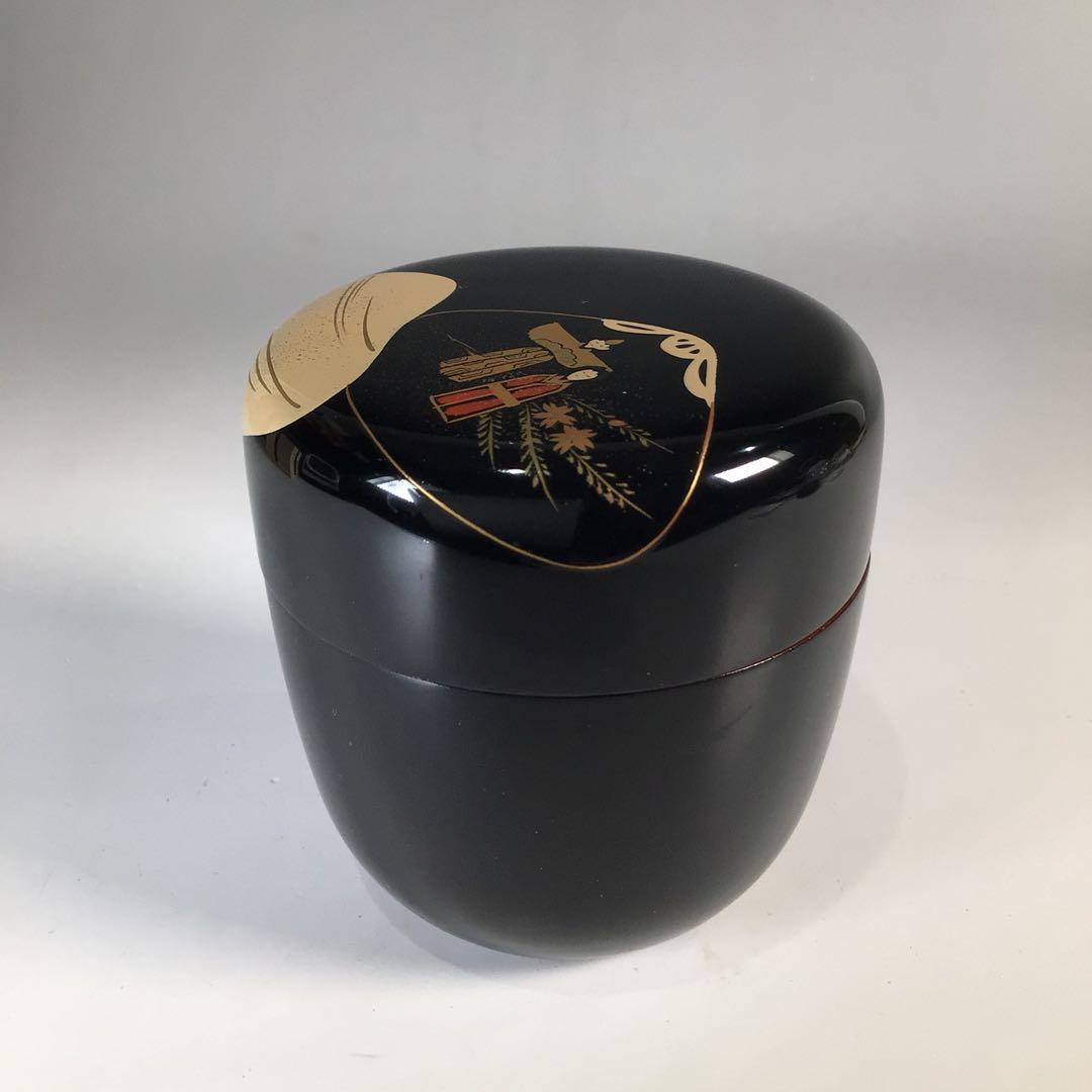 Ｎ９９８　棗　『中出松峰作』『黒漆内朱』『貝合立雛蒔絵』『中棗』　共箱　茶道具