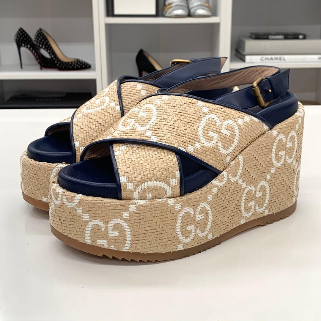 グッチ レザー ストロー GG ウェッジソール 厚底 サンダル バイカラー