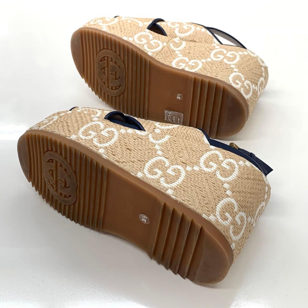 グッチ レザー ストロー GG ウェッジソール 厚底 サンダル バイカラー