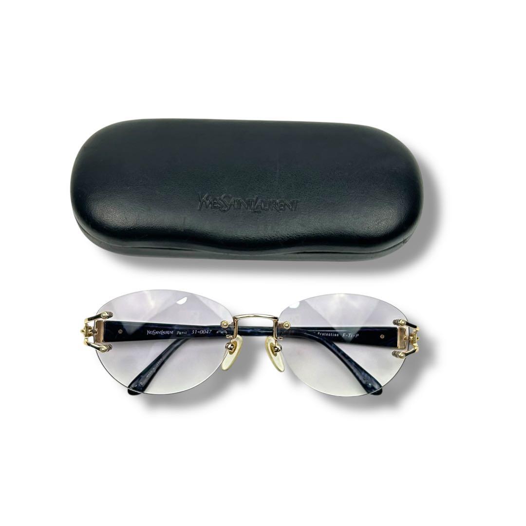 【美品】イヴサンローラン YSL ロゴ サングラス 縁なし リムレス ベッコウ