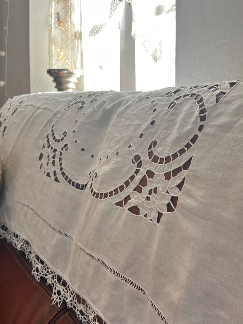 ◆フランスアンティーク｜大判手刺繍ボビンレースロングマルチクロスエンブレム長方形