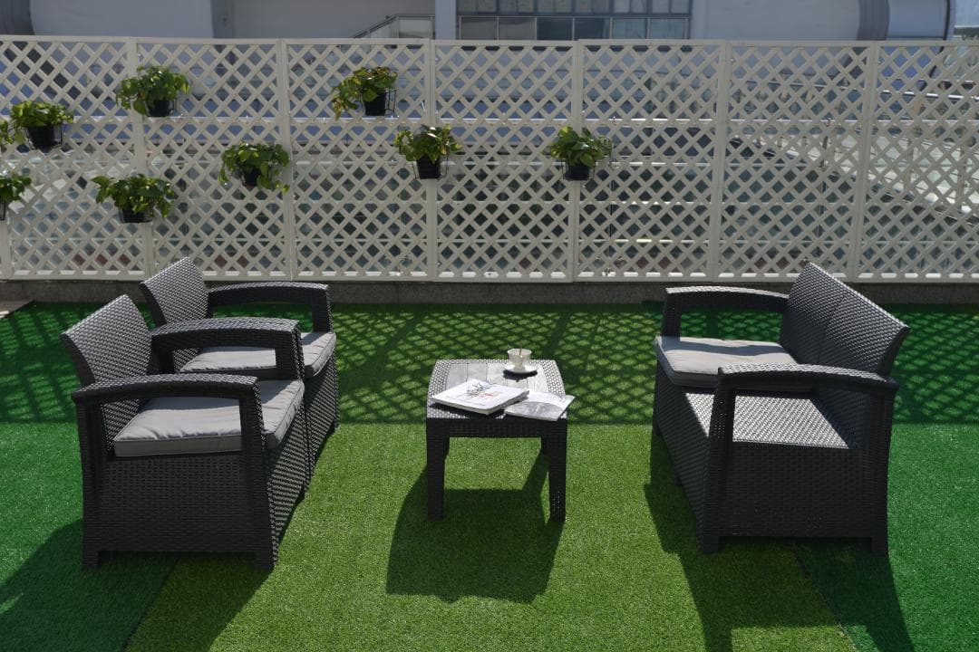 ラタン調ガーデンファニチャーセット 【本体ブラック×クッショングレー】