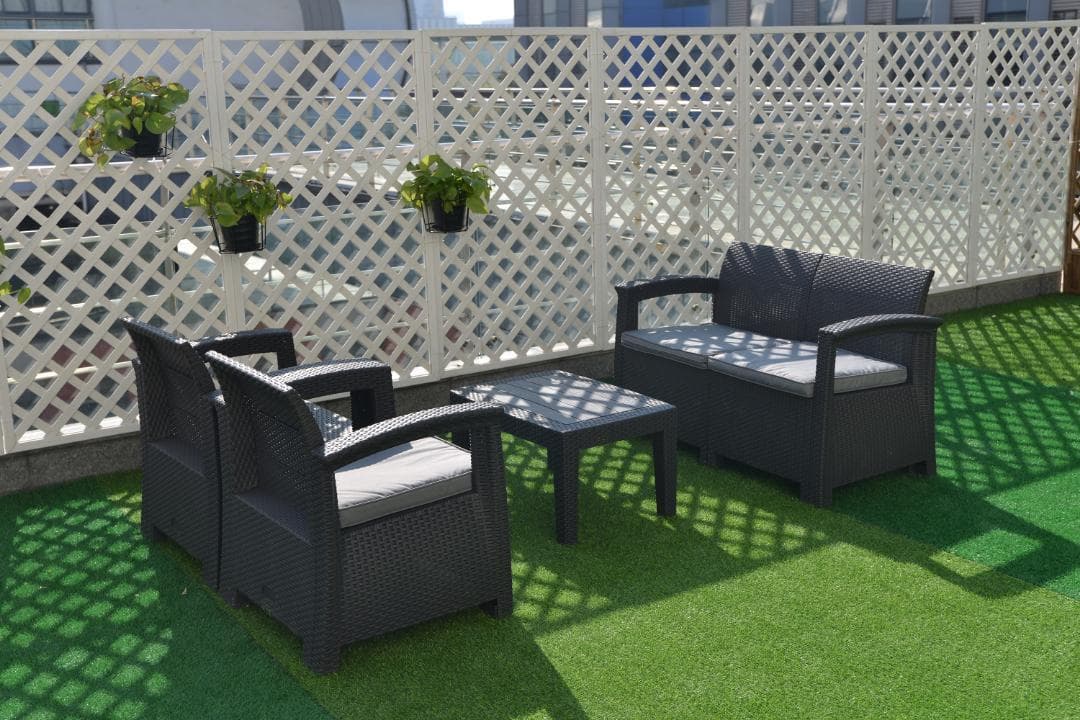 ラタン調ガーデンファニチャーセット 【本体ブラック×クッショングレー】