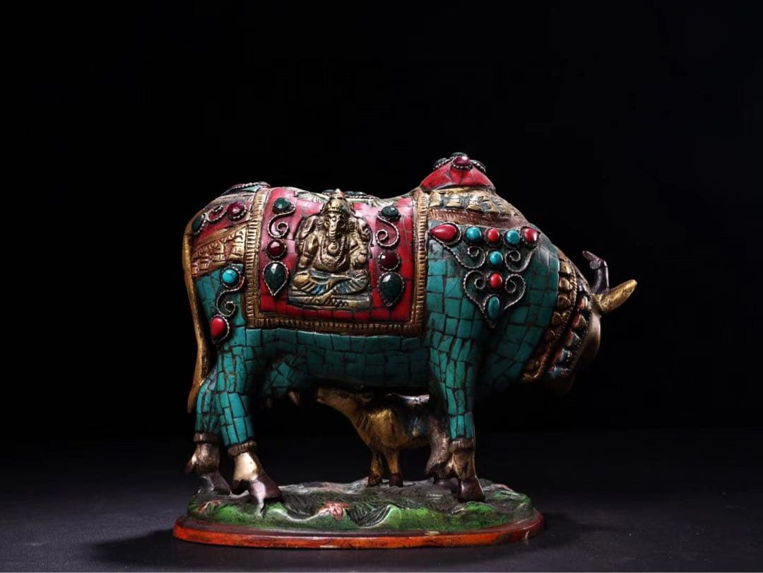 貴重品、旧蔵希少、精銅、象眼宝石、彩色蒔絵母子牛