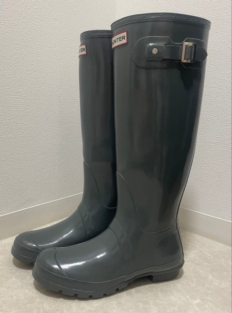 HUNTER グレー ロングブーツ レインブーツ　長靴　バックル付き　25cm
