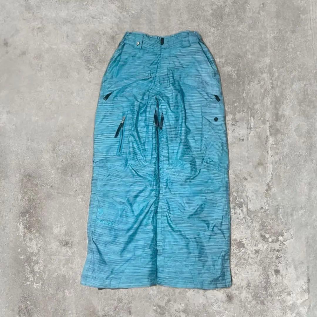SALOMON 総柄 ターコイズ 刺繍ロゴ スキーウェア パンツ