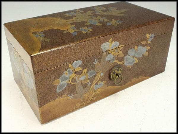 名品 岩庭草花蒔絵 時代 文箱 内 刺繍貼 美品(K-YC576)