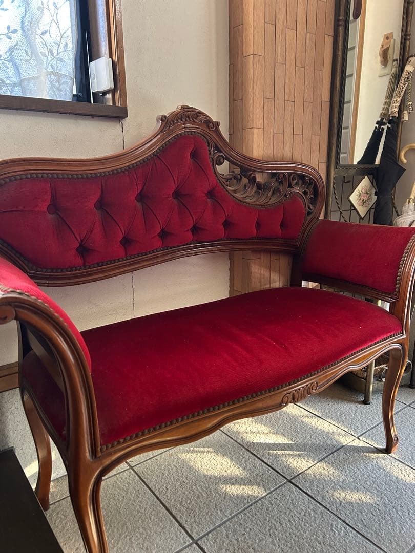 アンティーク調 カウチソファ 2人掛け 猫脚 ボルドー 彫刻 サロンチェア 椅子
