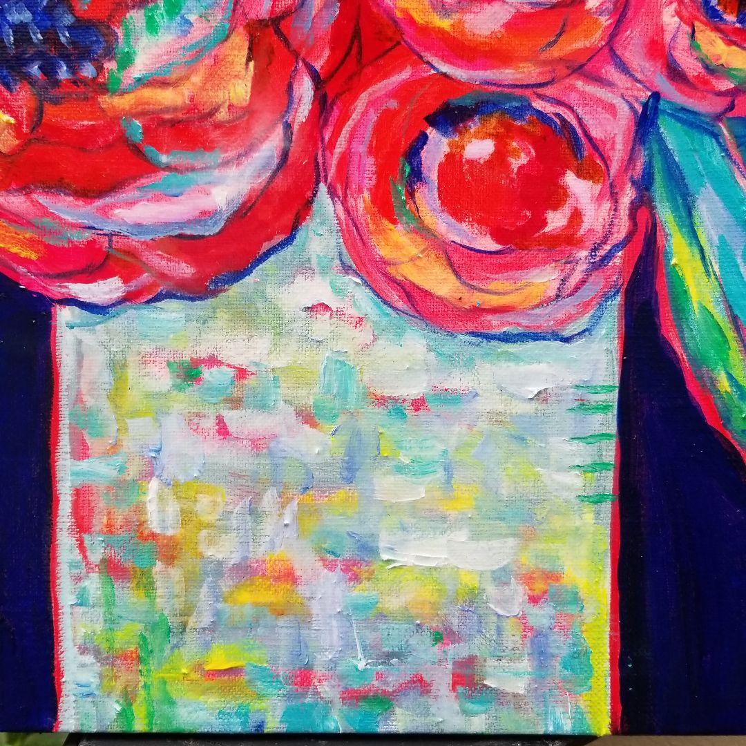 キャンバス油絵　くまちゃん　まるまるとした大きいお花