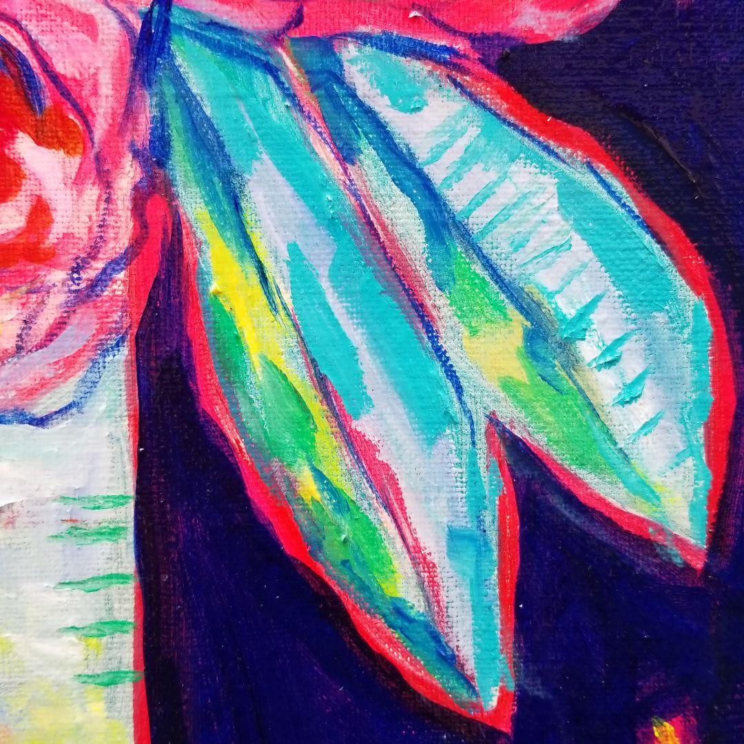 キャンバス油絵　くまちゃん　まるまるとした大きいお花