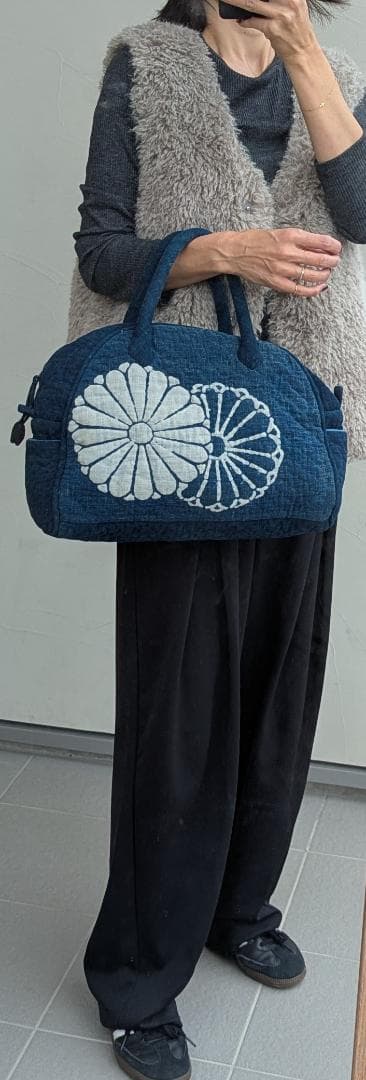古布 藍染 手作り ハンドバッグ ヴィンテージ 37cm Indigo 菊紋