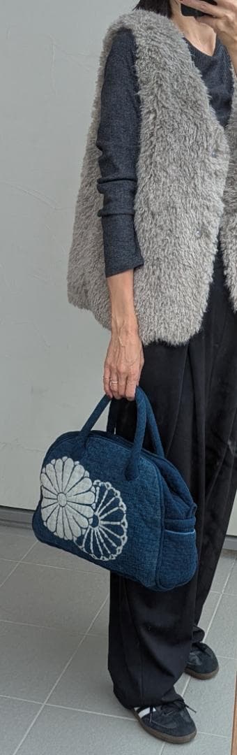 古布 藍染 手作り ハンドバッグ ヴィンテージ 37cm Indigo 菊紋