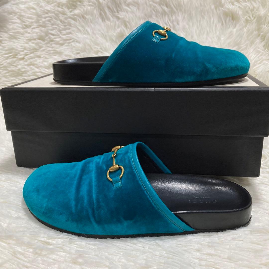 GUCCI グッチ　ホースビット　37 ベロア　サボ　サンダル　ミュール　ブルー