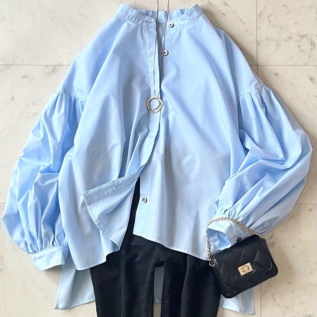 極美品♪ルフィル バックギャザーバンドカラーブラウス F ブルー ボリューム袖