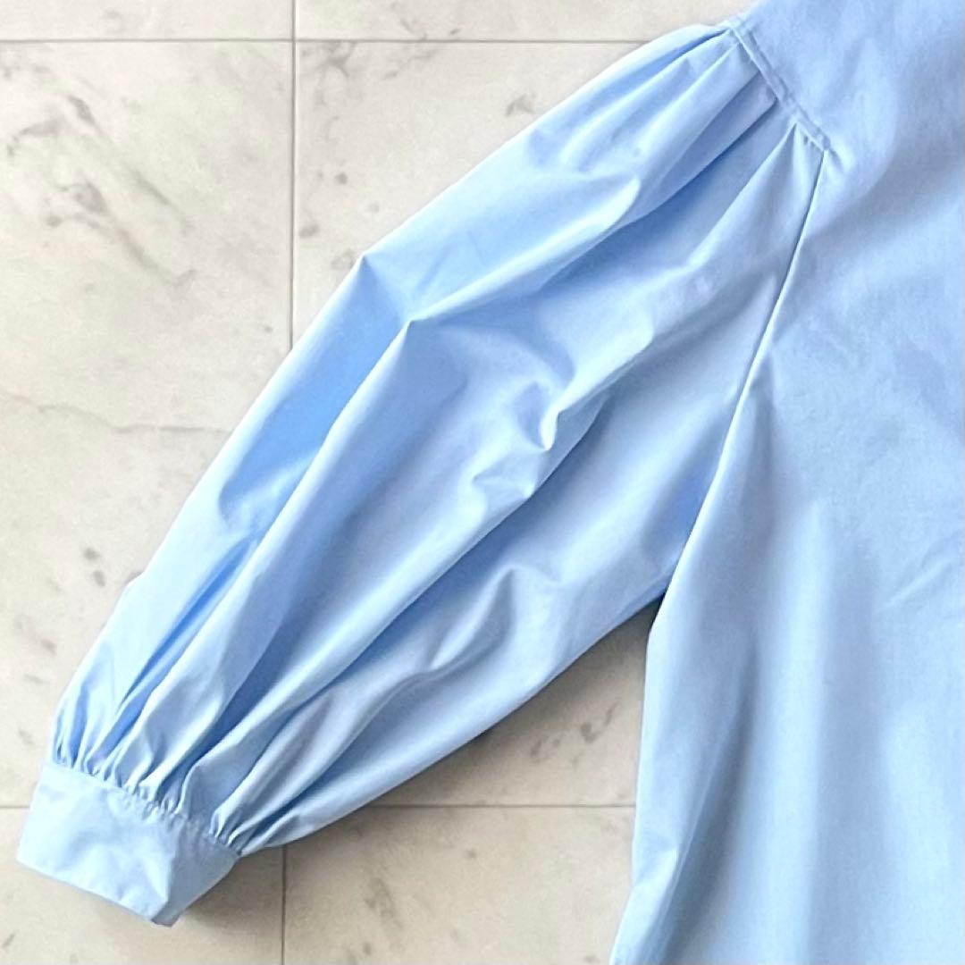 極美品♪ルフィル バックギャザーバンドカラーブラウス F ブルー ボリューム袖