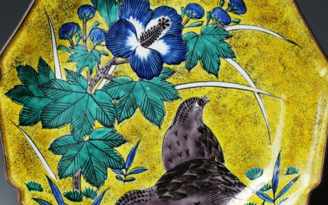 ☆旧家収集品☆古九谷☆吉田屋☆青手花鳥図☆八角皿☆ 共箱