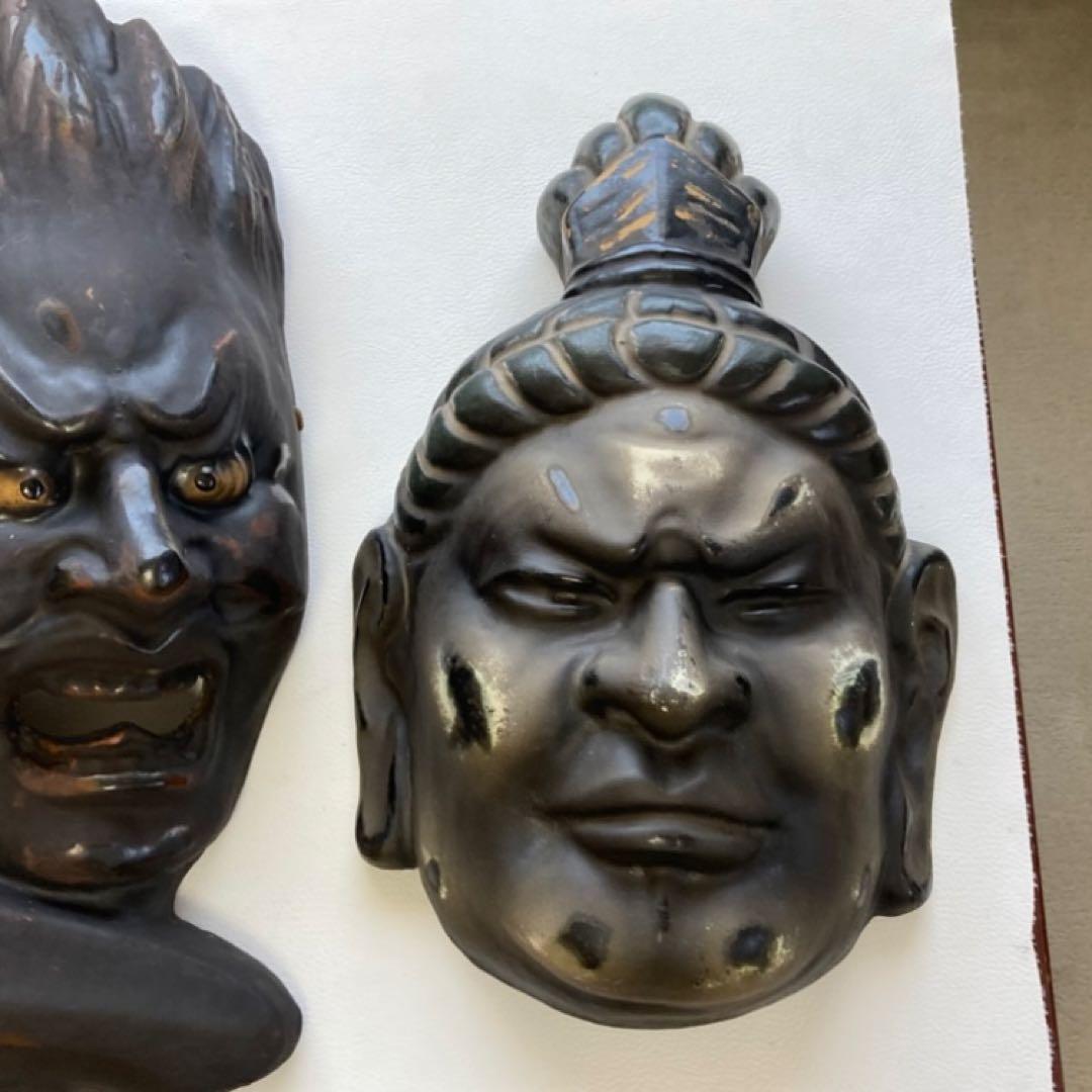 伐折羅大将 広目天⁇ お面 壁掛け 乾漆⁇ 仏教 美術 2点 骨董品 レトロ
