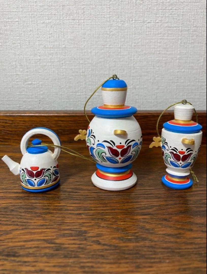 ロシア雑貨☆サモワール&ティーポットのオーナメント3個 マトリョーシカ オリガ作