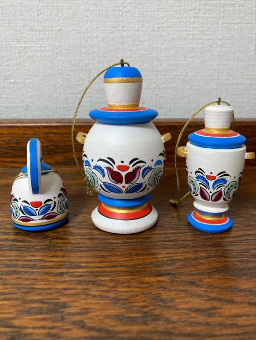 ロシア雑貨☆サモワール&ティーポットのオーナメント3個 マトリョーシカ オリガ作