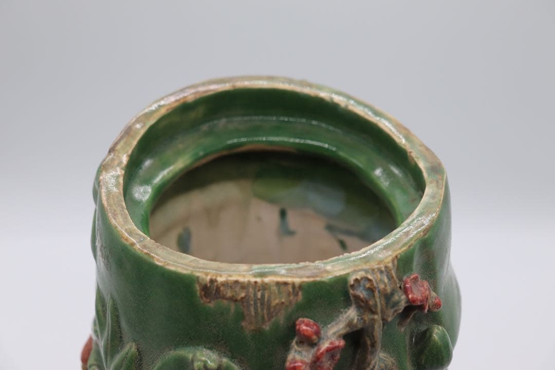 中国　緑釉竹雀　筆入　易叟居　送料込み0225