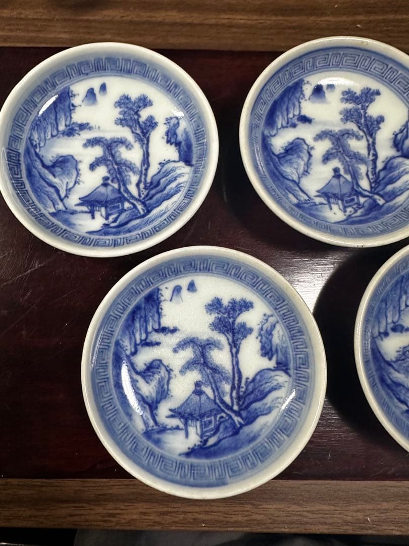 青白磁 風景画 陶器皿 茶碗　5客セット
