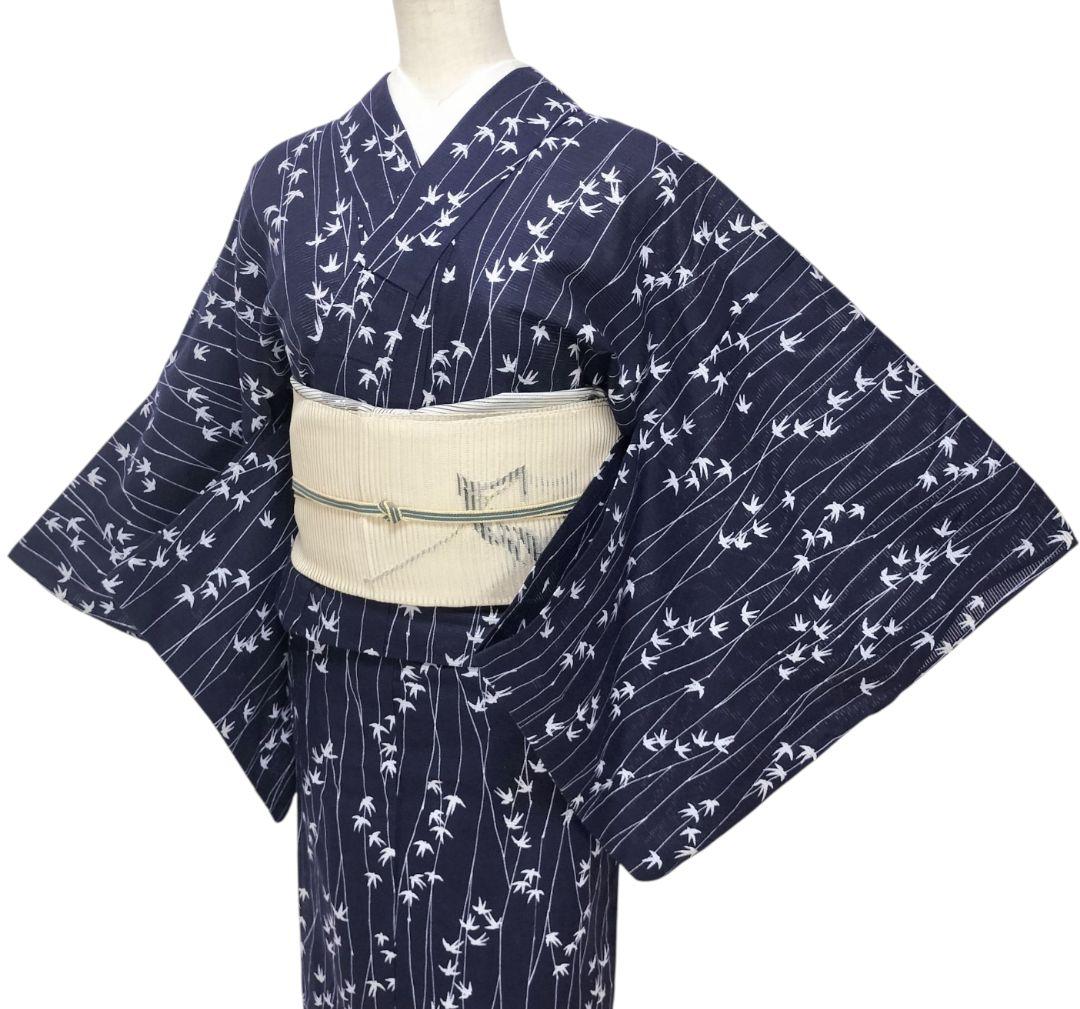 【浴衣】燕模様　綿絽　ツバメ　夏着物　絽　藍染 注染　夏小紋　紺　アンティーク