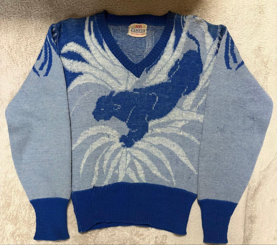 無*ー様 50s ジャガードニット　パンサー　オンブック　青　スペシャル