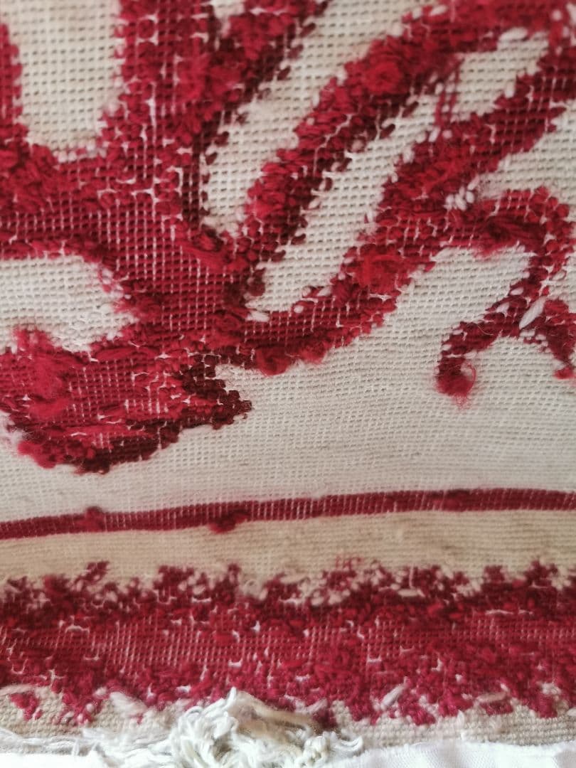 アンティークフランス コーラル 赤珊瑚オービュッソン織タッセル付クッションカバー