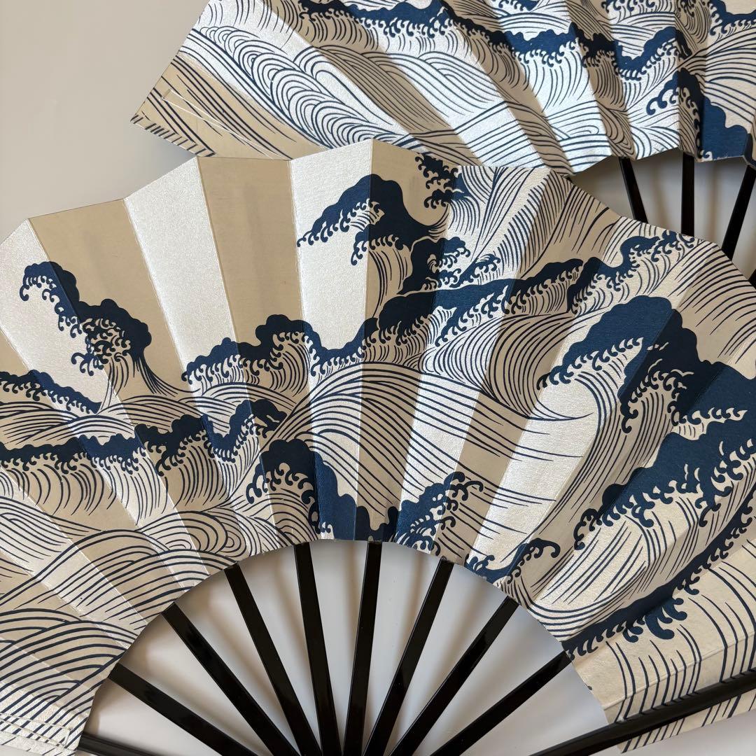 (1007)舞扇　3本セット　波柄　パール　白　青