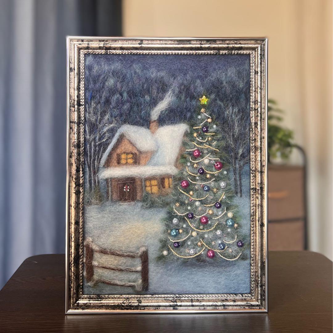 バ*ナ様 羊毛フェルト　羊毛絵画　『銀世界のクリスマス』ハンドメイド　羊毛刺繍