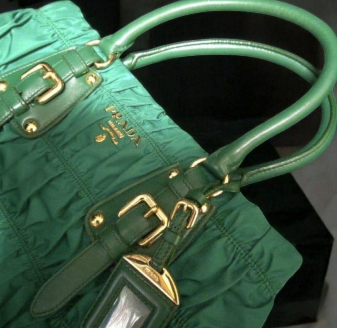 PRADA ハンドバッグ　2way ギャザー　グリーン　ショルダー　ゴールド金具