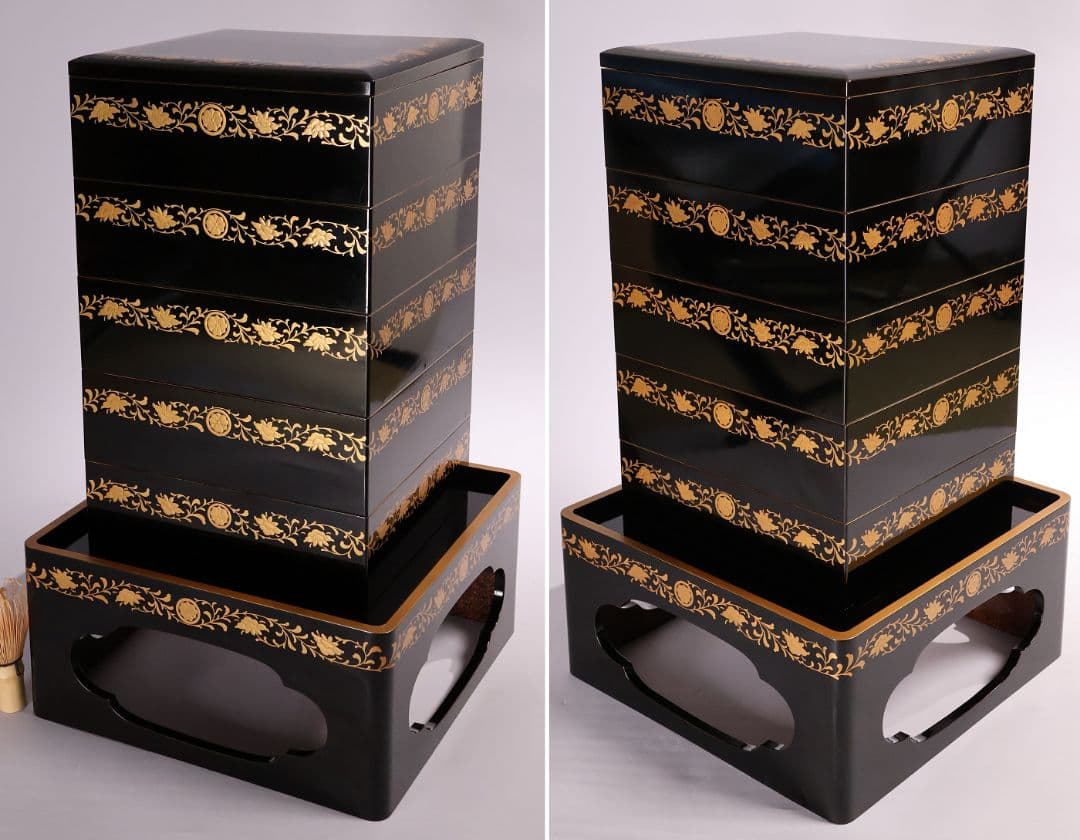 【MB208】輪島塗 家紋金蒔絵 五段重箱 台付 剣片喰花唐草 黒塗梨地 天然木