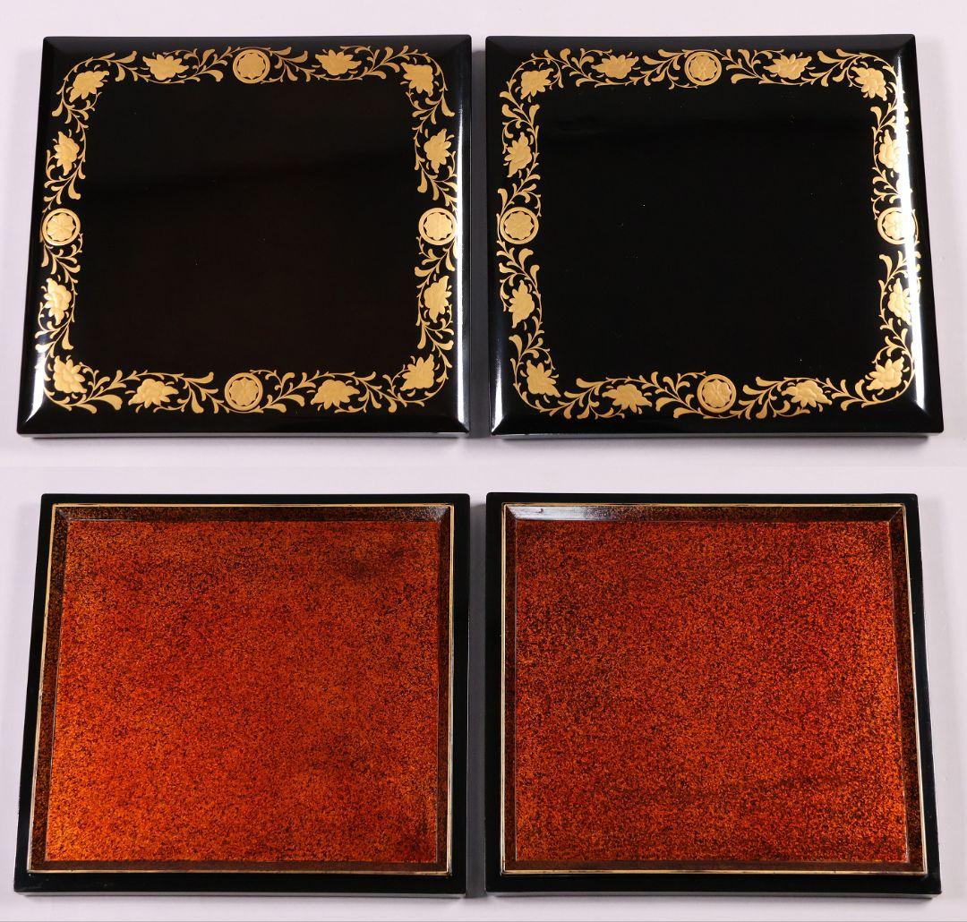 【MB208】輪島塗 家紋金蒔絵 五段重箱 台付 剣片喰花唐草 黒塗梨地 天然木