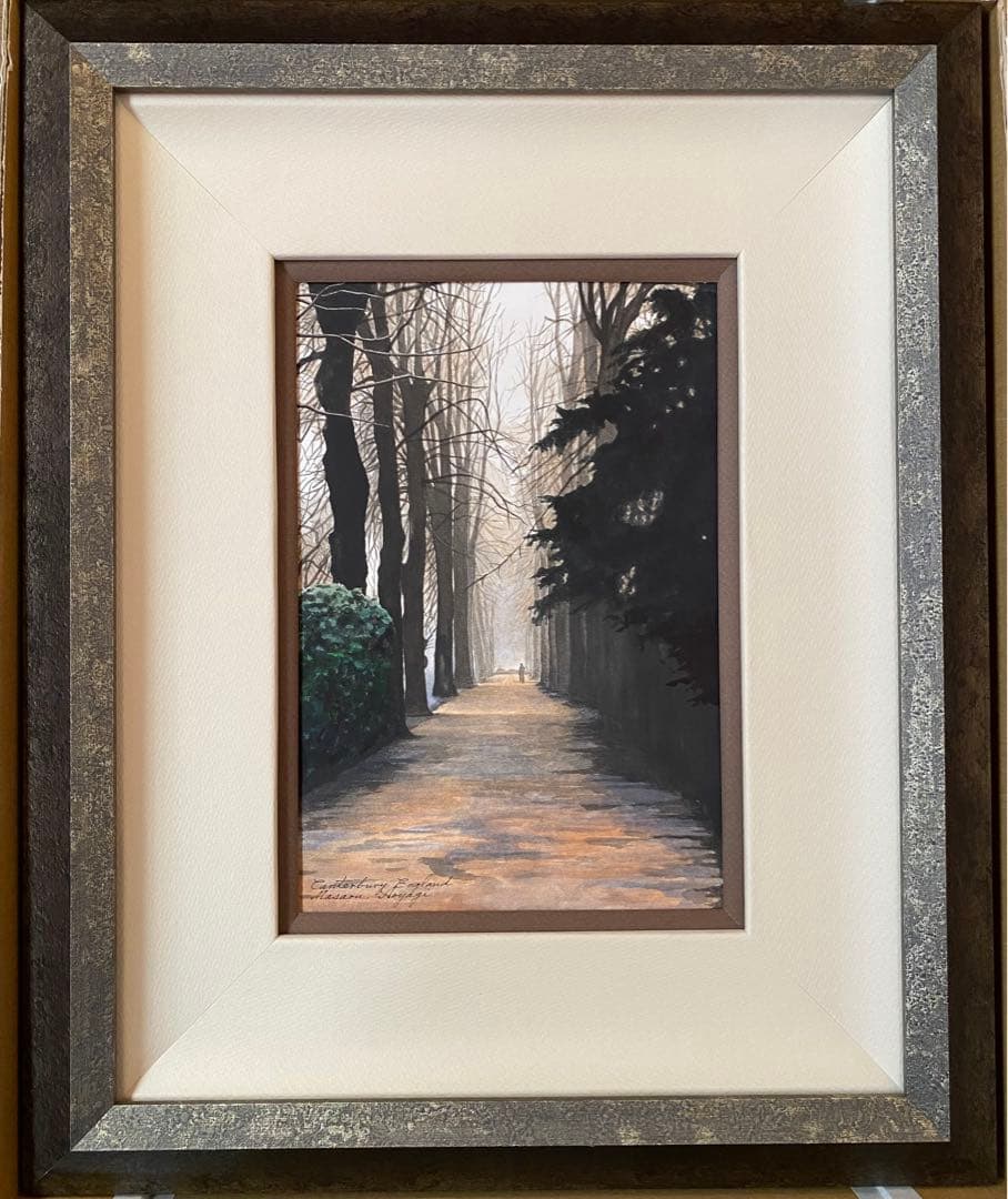 水彩画　朝靄の並木