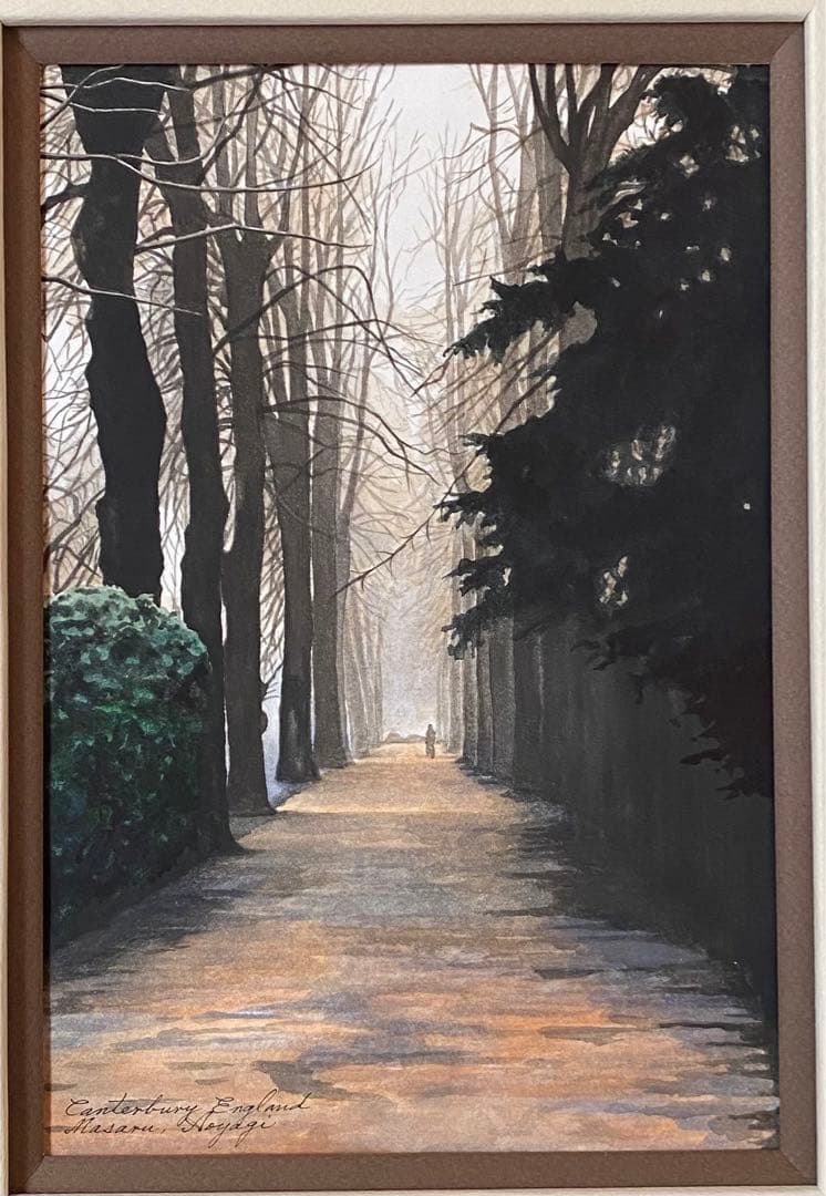 水彩画　朝靄の並木