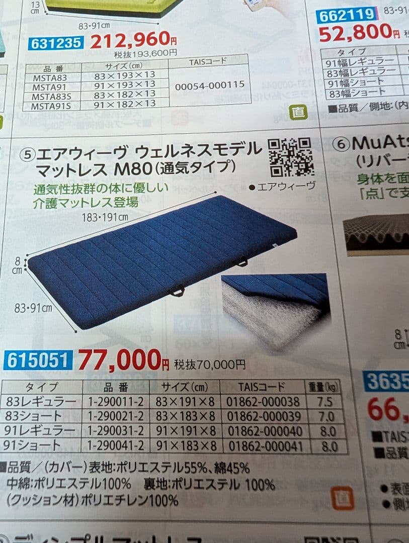 エアウィーヴ　介護ベッド用 ウェルネスモデルマットレス　М80 通気タイプ